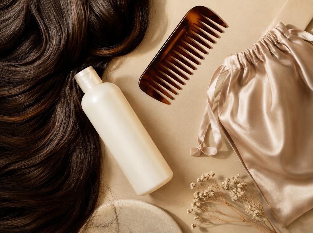Sulphate-free shampoo, wide tooth comb and satin bag beside glossy human hair