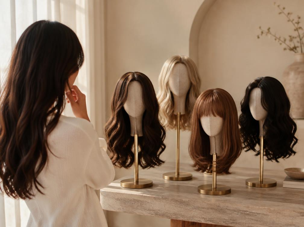 Human hair wigs in different textures displayed on stands