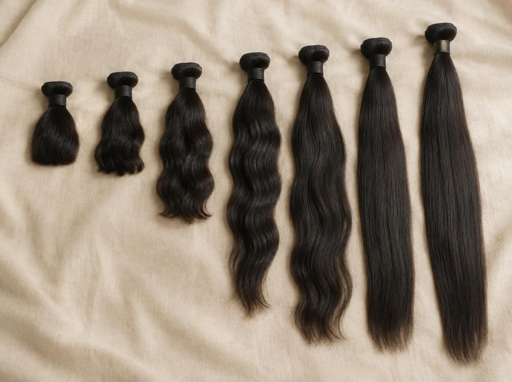 Human hair bundles from 18 to 36 inches laid side by side