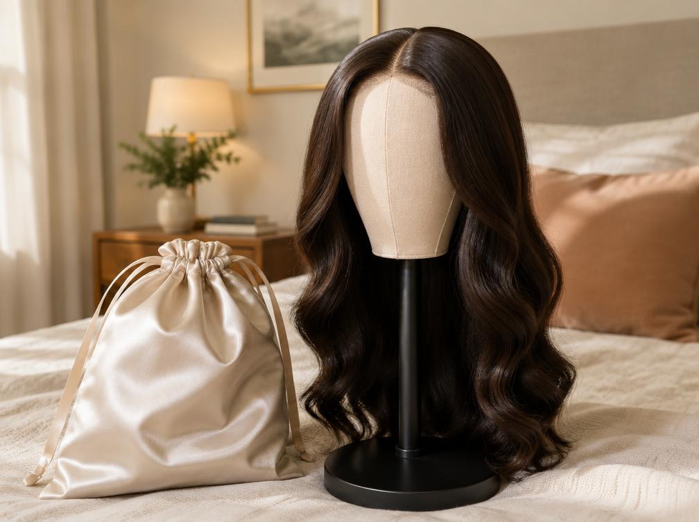Human hair wig stored on a stand beside a satin bag