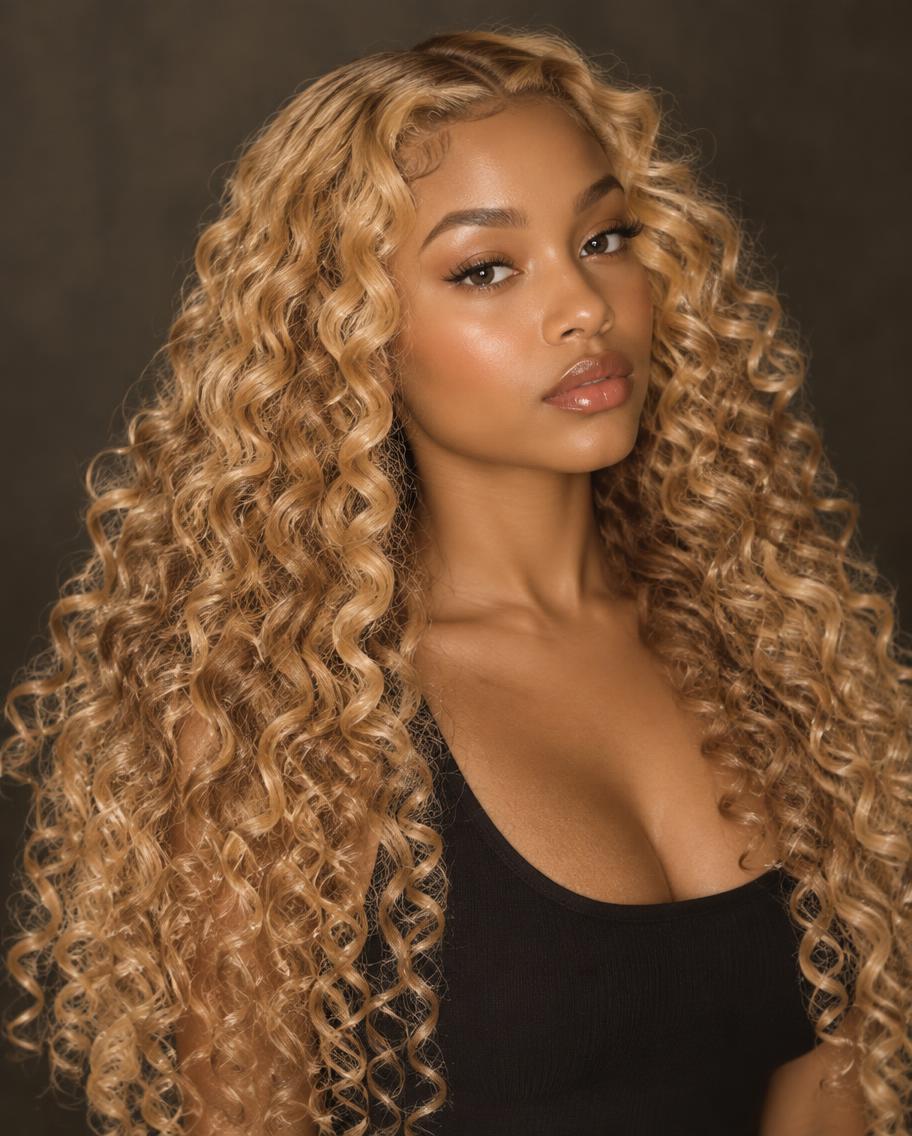 Honey blonde curly 100% human hair glueless wig, 20" length