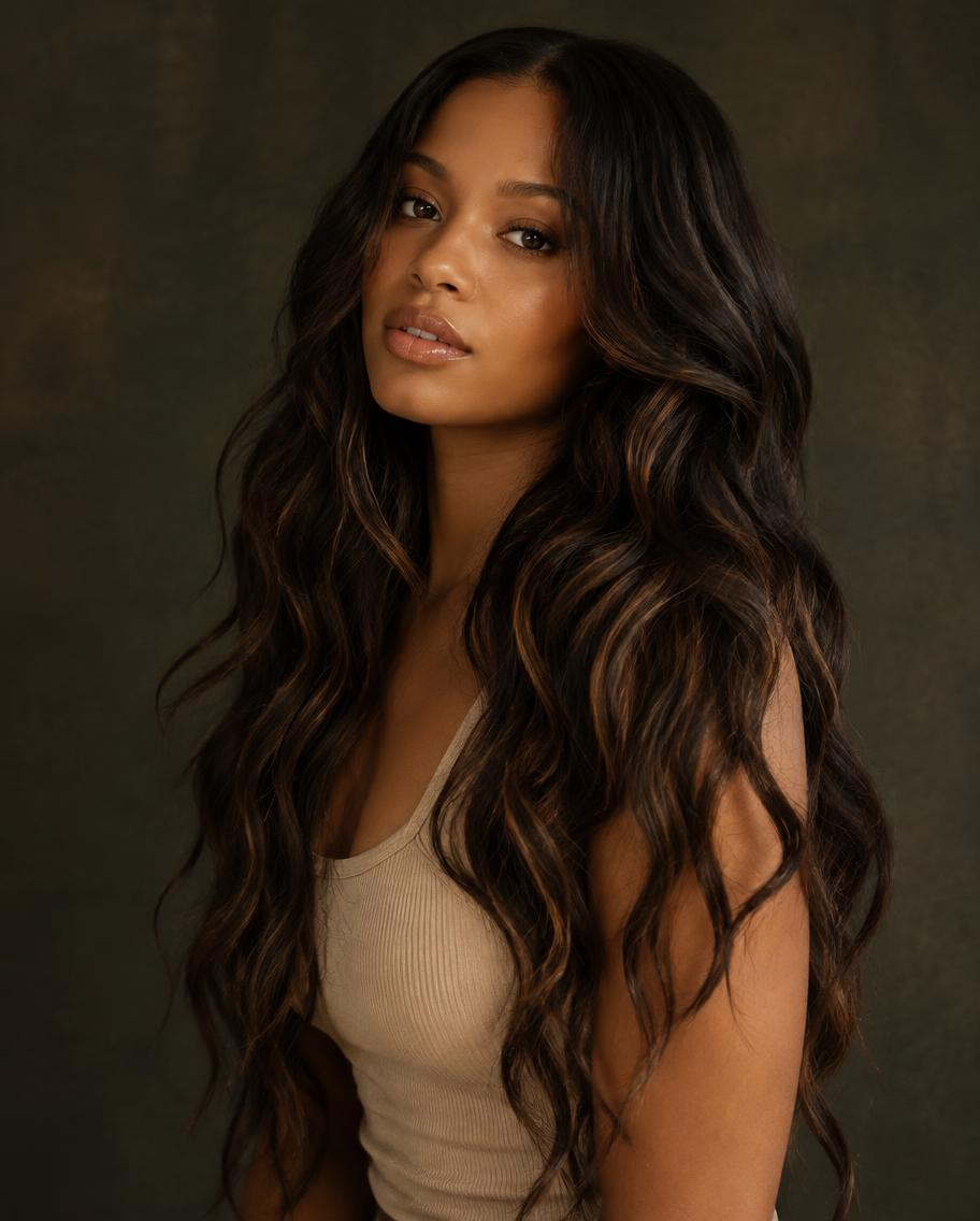 Long boho body wave 100% human hair, 26" in natural black, styled for evening