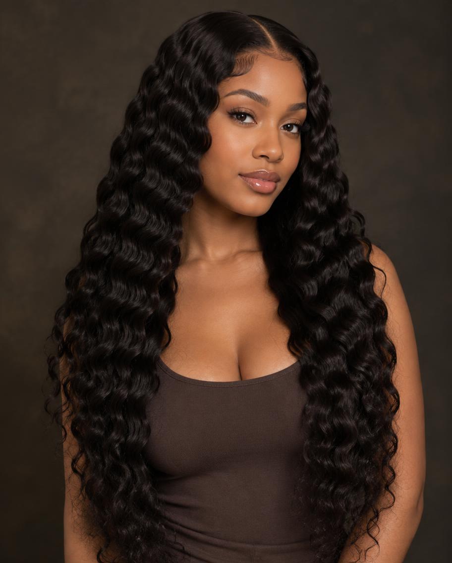 Deep wave 100% human hair glueless wig, 20" in natural black