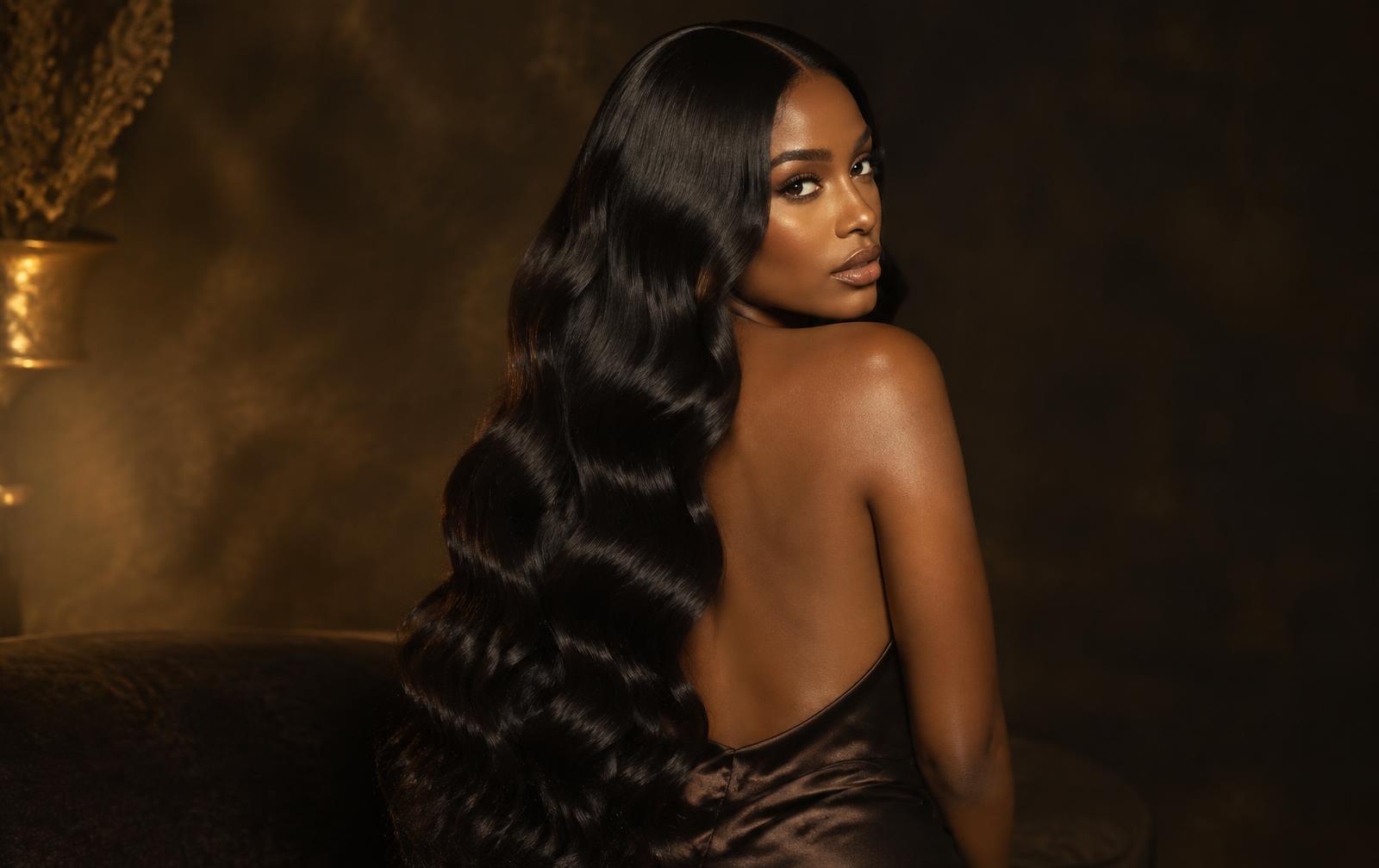 Long body wave 100% human hair moving in warm editorial light